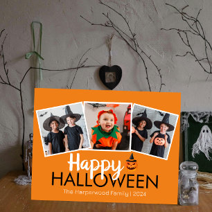 pumpkin jack-o-lantern Halloween Family 3 Photo Holiday Postcard