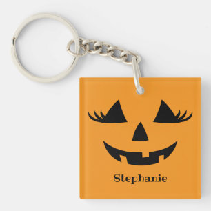 Pumpkin Jack O Lantern Lashes With First Name Keychain