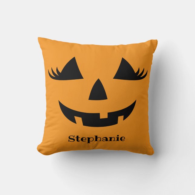 Pumpkin Jack O Lantern Lashes With First Name Throw Pillow (Front)