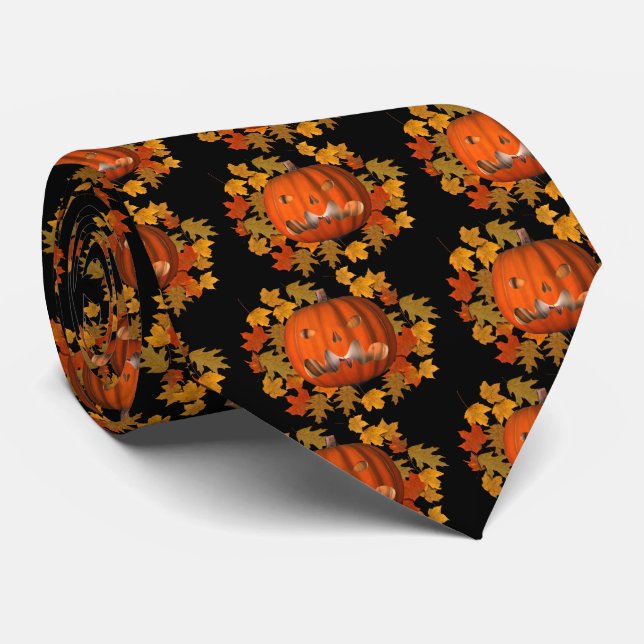 Pumpkin Jack O Lantern Leaves Halloween Tie (Rolled)