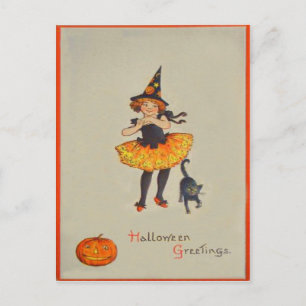 Pumpkin Jack O Lantern Witch Black Cat Postcard