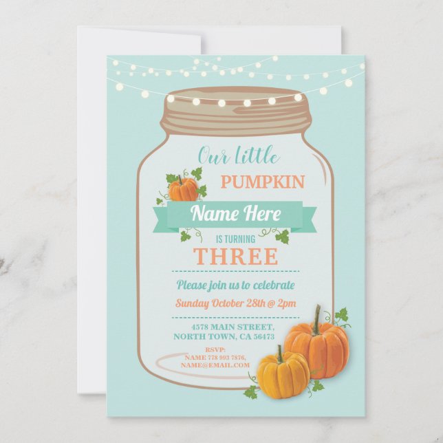 Pumpkin Jar Birthday Fall Party Mint Lights Invite (Front)