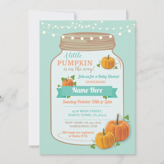 Pumpkin Jar Fall Mint Lights Baby Shower Invite (Front)