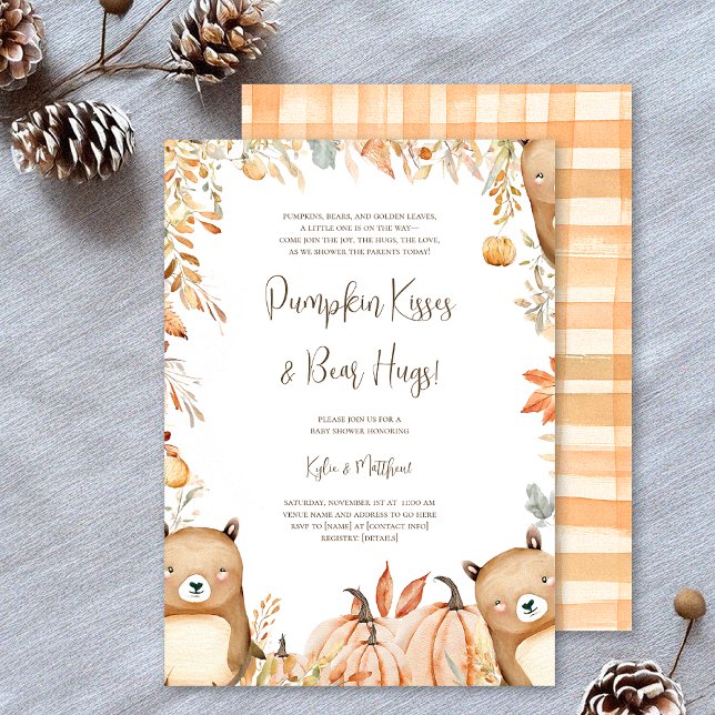 Pumpkin Kisses & Bear Hugs Baby Shower Invitation  (Pumpkin Kisses & Bear Hugs! Celebrate the parents-to-be with this cozy fall woodland baby shower)