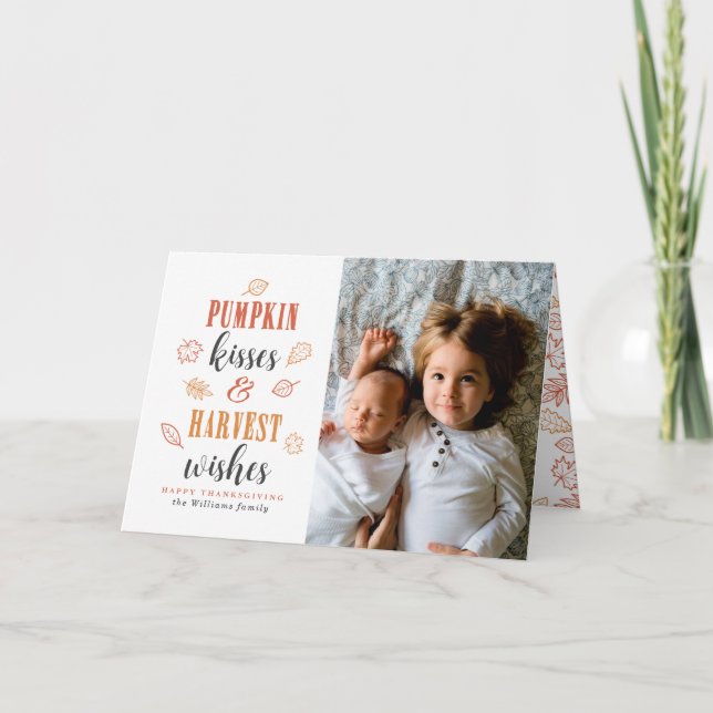Pumpkin Kisses & Harvest Wishes Thanksgiving Holiday Card (Front)