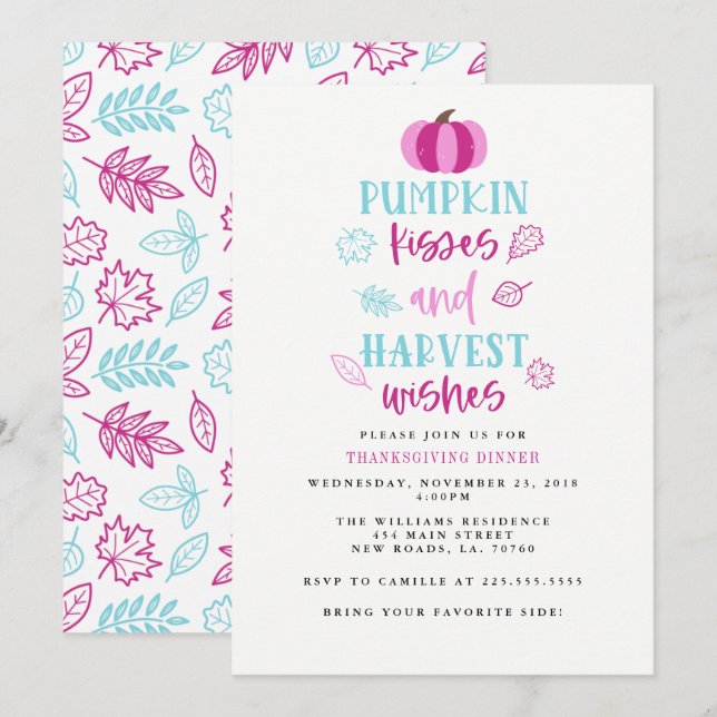 Pumpkin Kisses & Harvest Wishes Thanksgiving Party Invitation (Front/Back)
