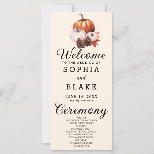 Pumpkin & Leaves Fall Almond Wedding Program (Front)