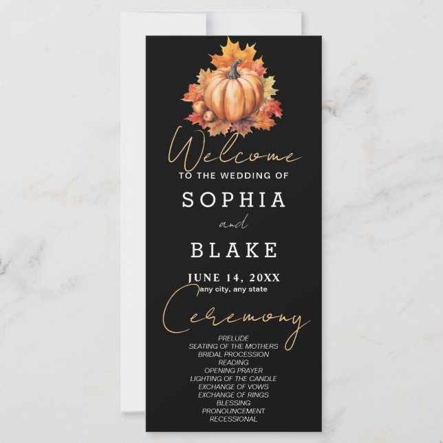 Pumpkin & Leaves Fall Black Wedding Program (Front)