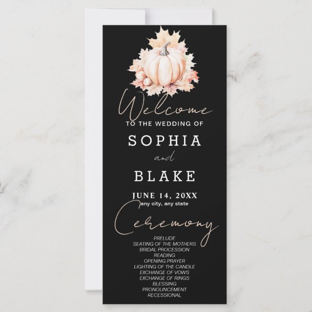 Pumpkin & Leaves Fall Black Wedding Program (Front)