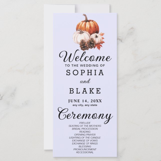 Pumpkin & Leaves Fall Lavender Wedding Program (Front)