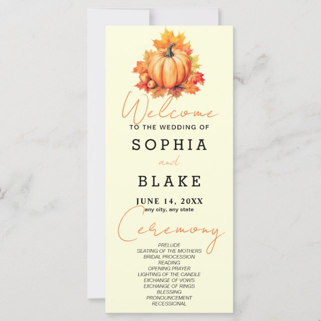 Pumpkin & Leaves Fall Light Yellow Wedding Program (Front)