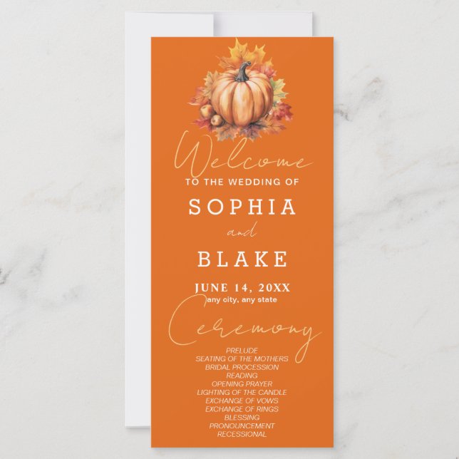 Pumpkin & Leaves Fall Orange Wedding Program (Front)