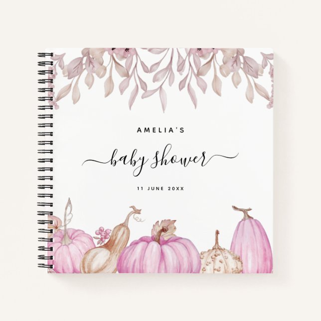 Pumpkin Leaves Fall Pink Baby Shower Guestbook Notebook (Front)