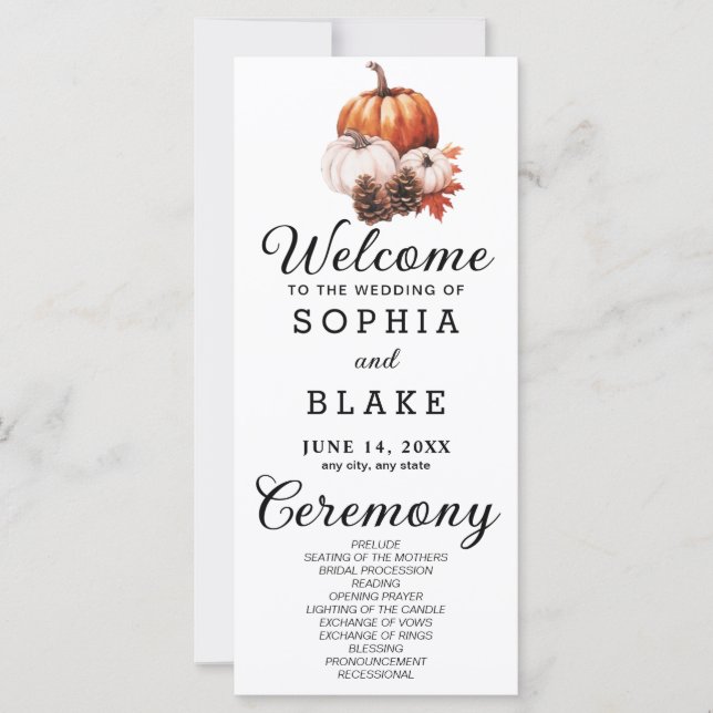 Pumpkin & Leaves Fall White Wedding Program (Front)