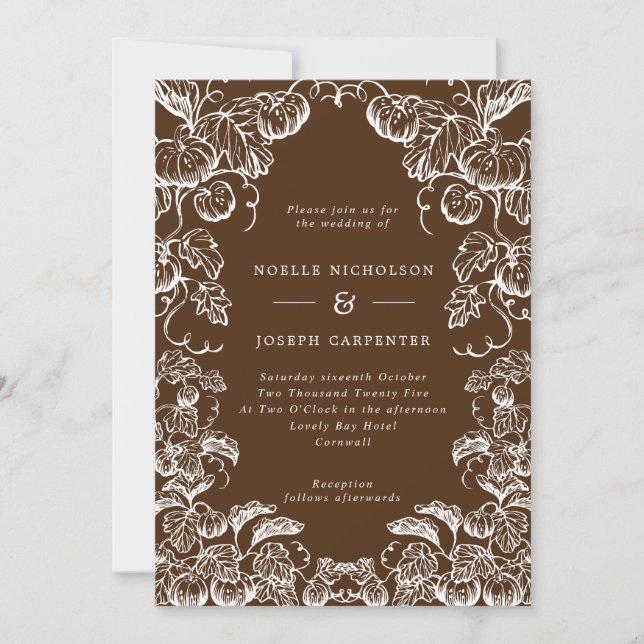 Pumpkin & Leaves Frame Brown & White Fall Wedding Invitation (Front)