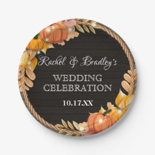 Pumpkin Light Autumn Fall Rustic Wood Barn Wedding Paper Plate