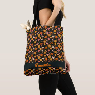 Pumpkin Love with Hearts and Flowers Tote Bag