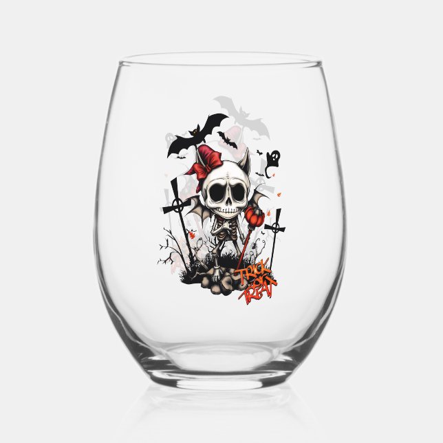 Pumpkin Magic and Bone Fun.  Stemless Wine Glass (Front)