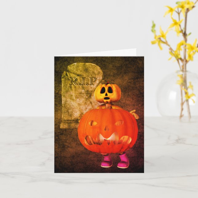 Pumpkin Man Tombstone Halloween Note Card (Yellow Flower)