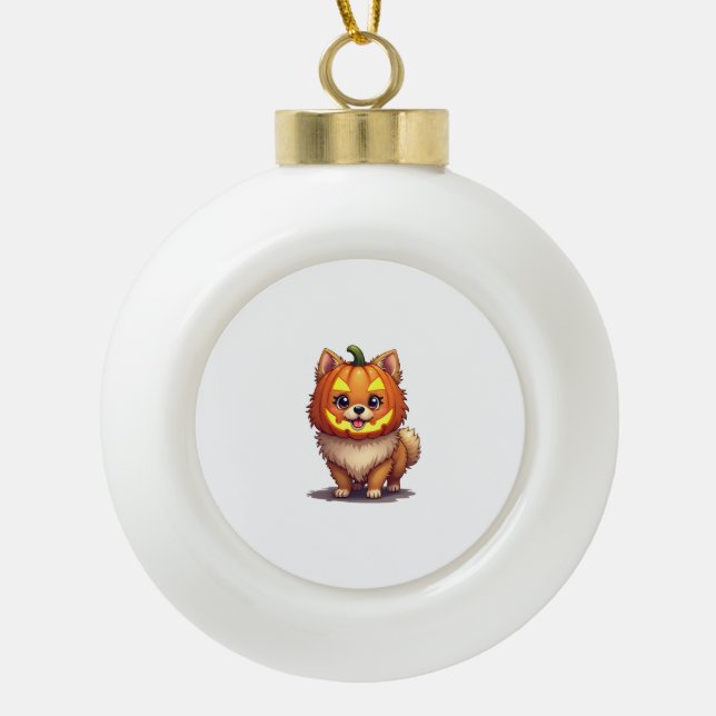 Pumpkin Mask Pomeranian Dog Ceramic Ball Christmas Ornament (Front)