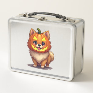 Pumpkin Mask Pomeranian Dog Metal Lunch Box