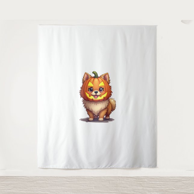 Pumpkin Mask Pomeranian Dog Tapestry (Front)