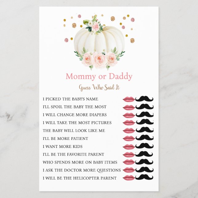 Pumpkin Mommy or Daddy Girl Fall Baby Shower Game Flyer (Front)