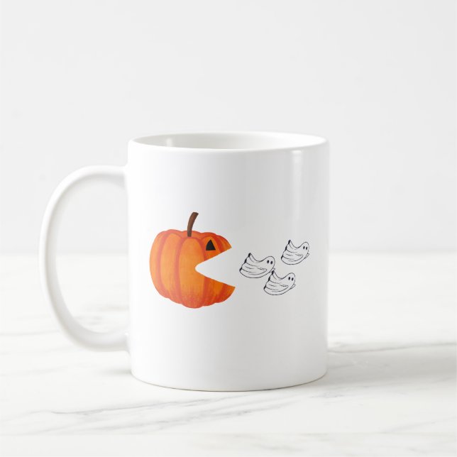 Pumpkin Monster vs Ghosts – Spooky Halloween ! Coffee Mug (Left)