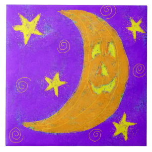 Pumpkin Moon Abstract Halloween Art Tile