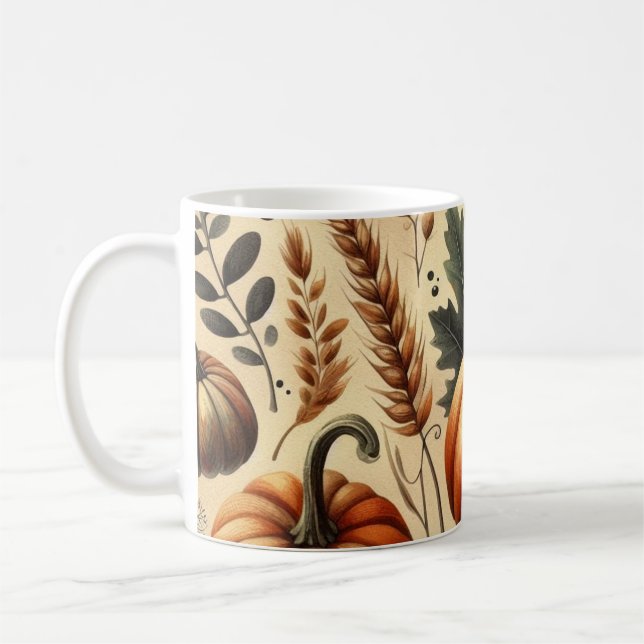 Pumpkin Mug Watercolor Fall Leaves  (Left)