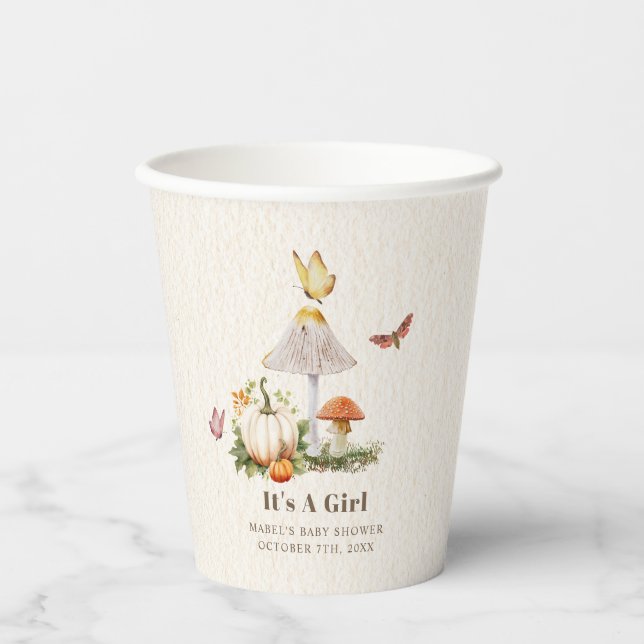 Pumpkin Mushroom Woodland Insects Girl Baby Shower Paper Cups (Front)