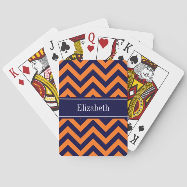 Pumpkin Navy LG Chevron Navy Blue Name Monogram Playing Cards (Back)