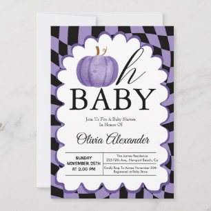 Pumpkin Oh Baby Purple Checkered Baby Shower Invitation