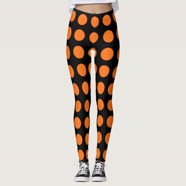 Pumpkin on Black Large Size Horizontal Polka Dots Leggings (Front)