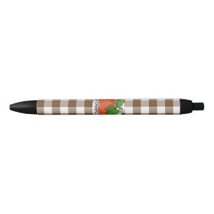 Pumpkin on Brown Plaid - Happy Thanksgiving Black Ink Pen