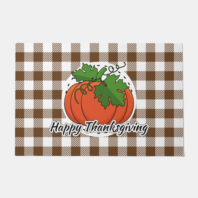 Pumpkin on Brown Plaid - Happy Thanksgiving Doormat (Front)
