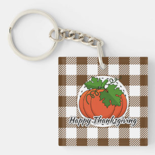 Pumpkin on Brown Plaid - Happy Thanksgiving Keychain
