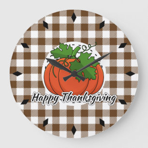 Pumpkin on Brown Plaid - Happy Thanksgiving Large Clock