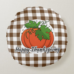Pumpkin on Brown Plaid - Happy Thanksgiving Round Pillow