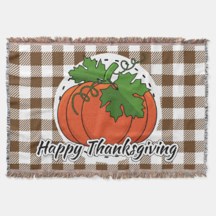 Pumpkin on Brown Plaid - Happy Thanksgiving Throw Blanket