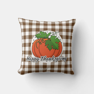 Pumpkin on Brown Plaid - Happy Thanksgiving Throw Pillow