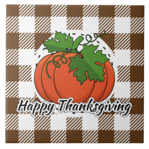 Pumpkin on Brown Plaid - Happy Thanksgiving Tile