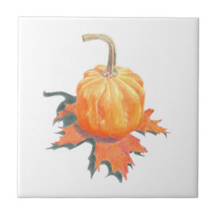 Pumpkin on Leaves Ceramic Tile