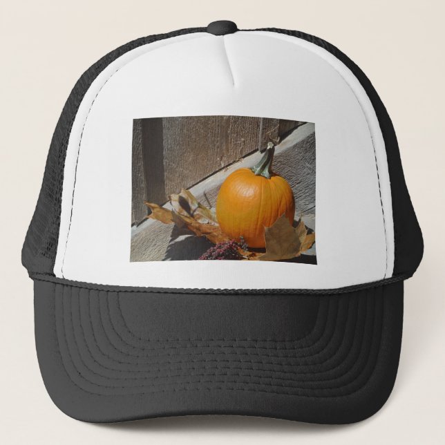 Pumpkin on Old Wooden Stairs Trucker Hat (Front)