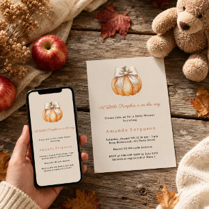 Pumpkin on the way fall beige bow Baby Shower Invitation