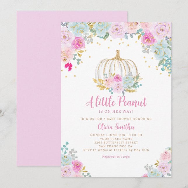 Pumpkin on the way Floral Pumpkin Girl Baby Shower Invitation (Front/Back)
