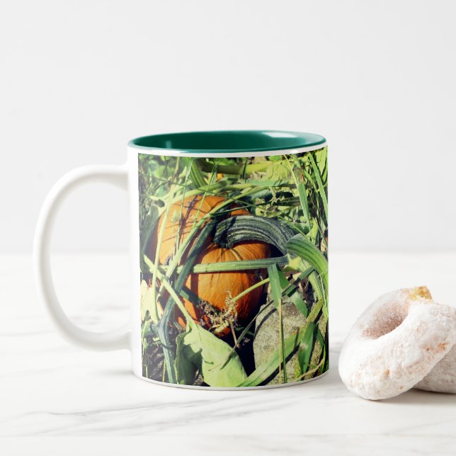 Pumpkin On Vine Fall Nature  Two-Tone Coffee Mug (With Donut)