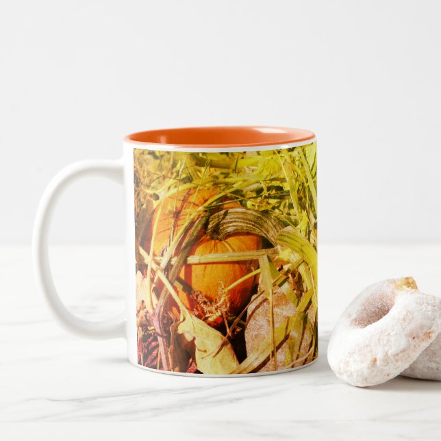 Pumpkin On Vine Nature Art  Two-Tone Coffee Mug (With Donut)