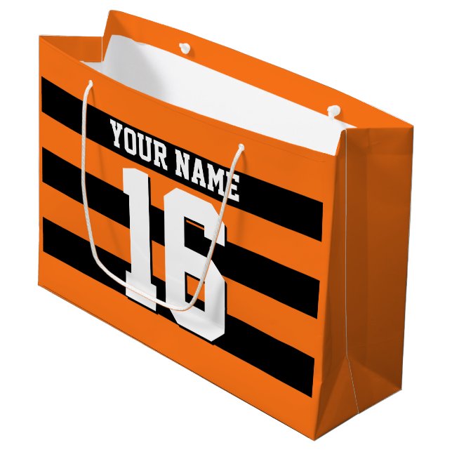 Pumpkin Orange Black Team Jersey Preppy Stripe Large Gift Bag (Front Angled)