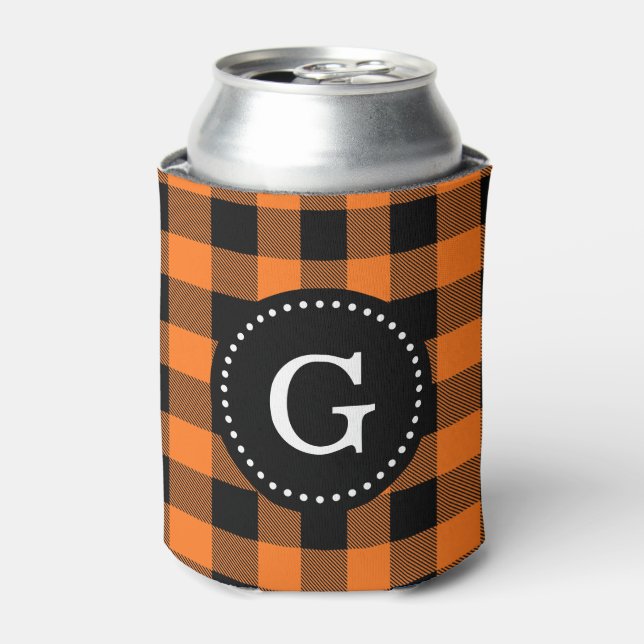 Pumpkin Orange Blk Buffalo Check Plaid 1I Monogram Can Cooler (Can Front)